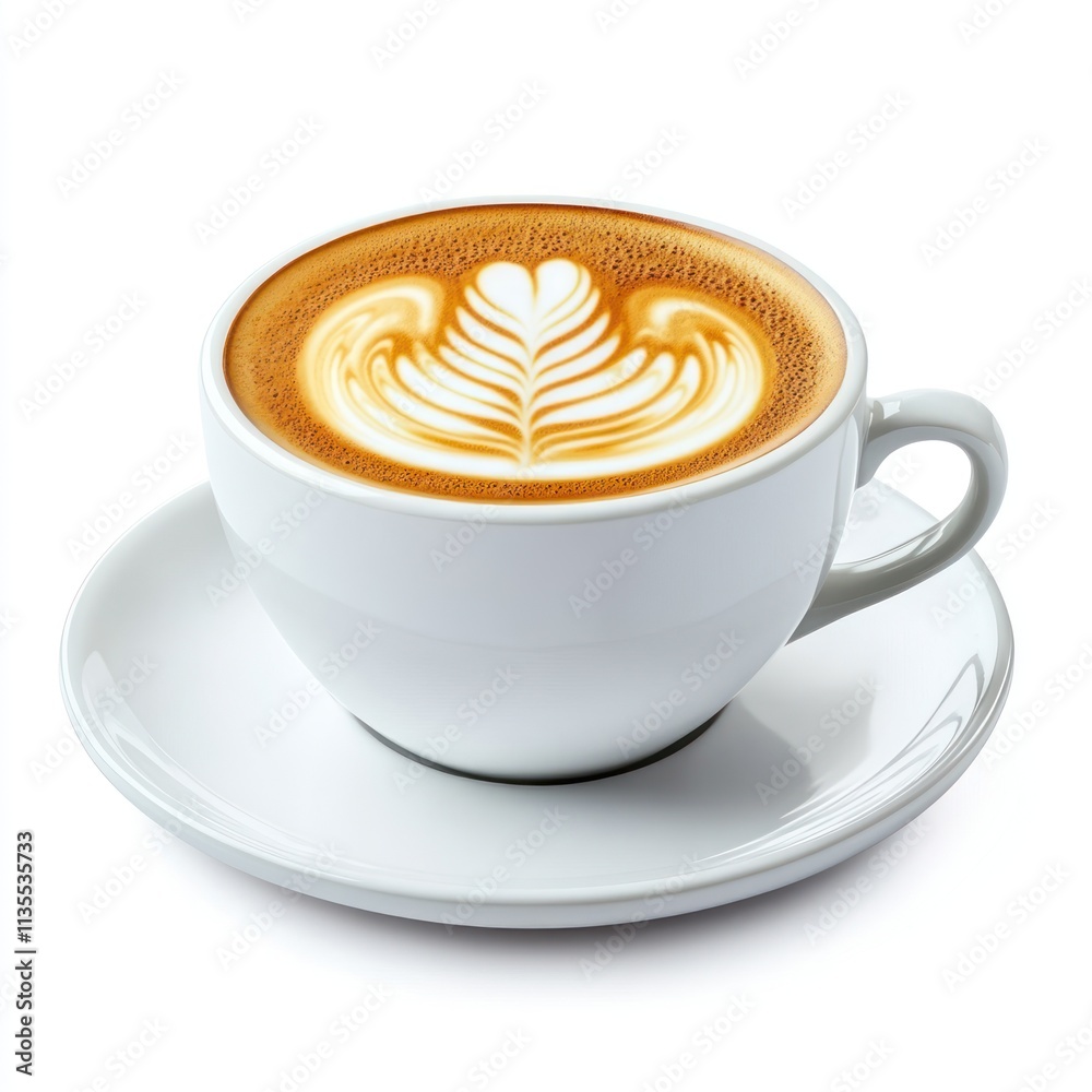 A latte with intricate foam art in a white cup on a saucer. A latte with intricate foam art in a white cup on a saucer.