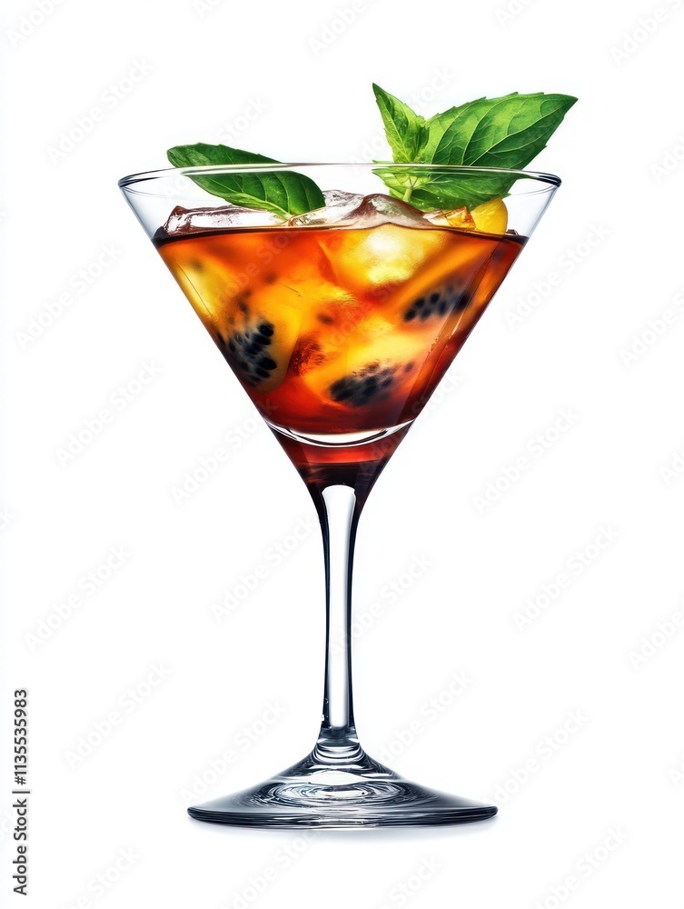 A refreshing cocktail garnished with mint leaves, served in a stylish glass.