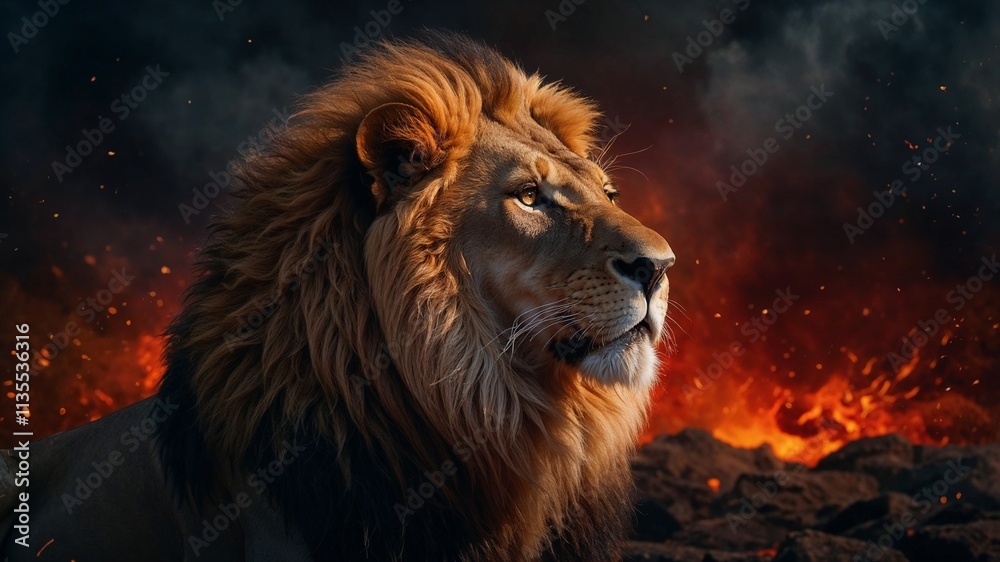 Naklejka premium A digital illustration featuring a majestic lion with a fiery mane, showcasing strength and beauty.