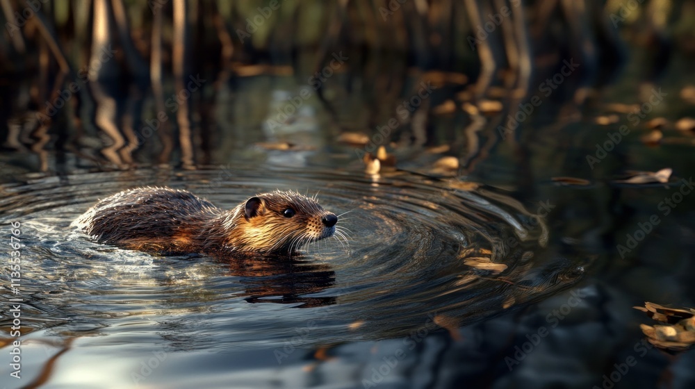 A muskrat swimming through a pond