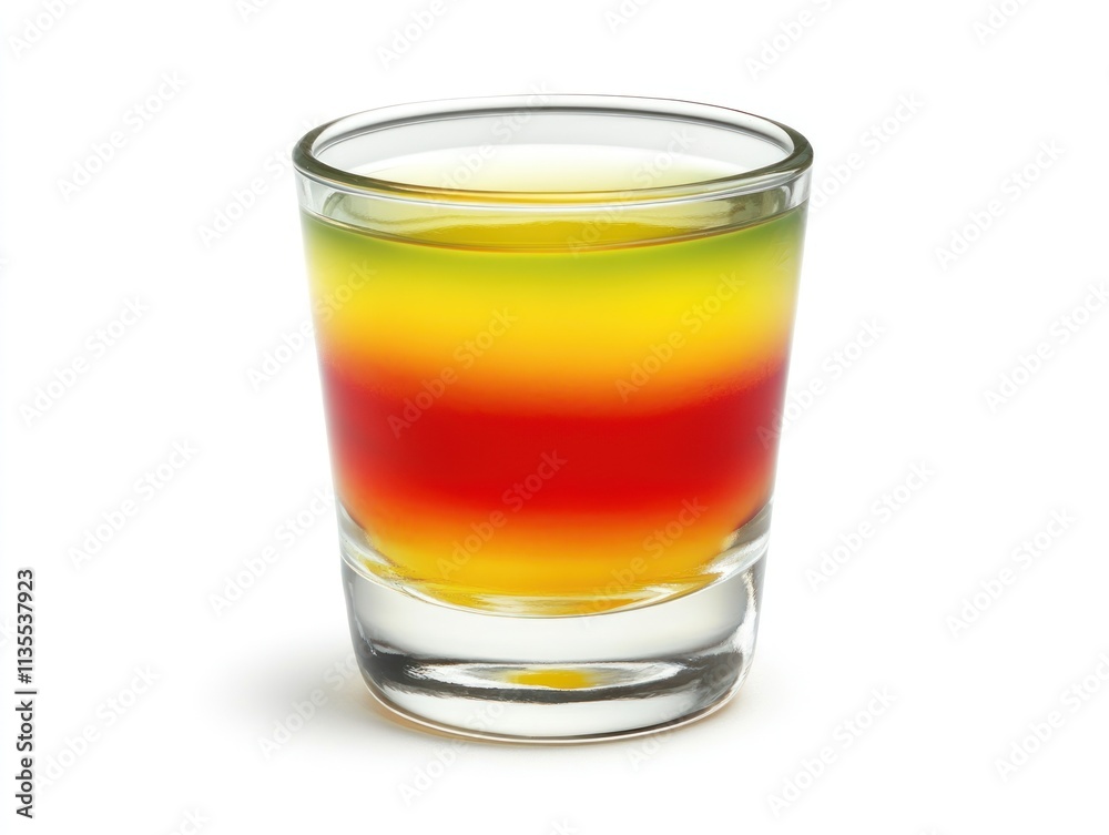 A colorful layered shot in a glass, showcasing vibrant hues of red, yellow, and green. A colorful layered shot in a glass, showcasing vibrant hues of red, yellow, and green.