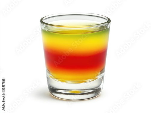 A colorful layered shot in a glass, showcasing vibrant hues of red, yellow, and green.