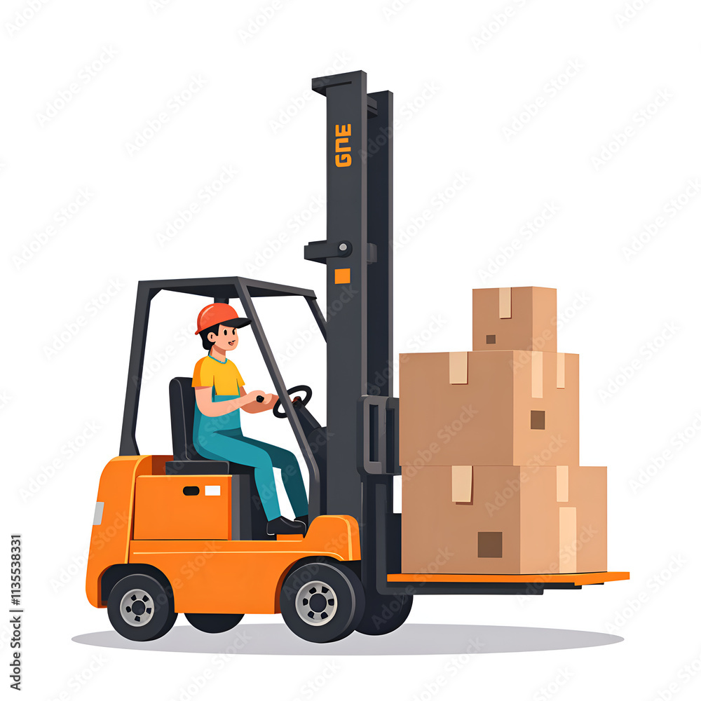 Energetic warehouse worker operating a forklift with stacked boxes in a bright environment, digital illustration of occupational concept. Energetic warehouse worker operating a forklift with stacked boxes in a bright environment, digital illustration of occupational concept.