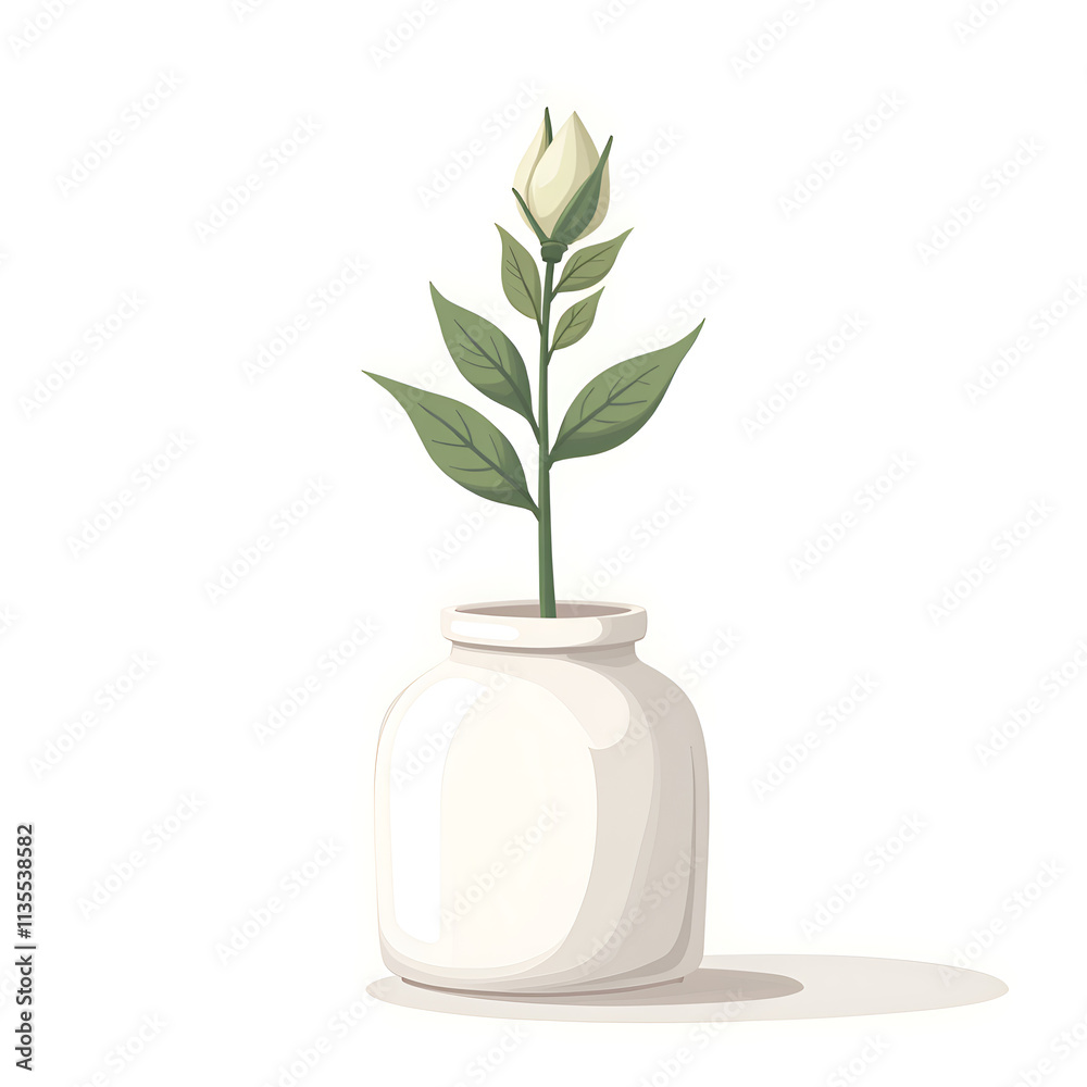 Minimalist white vase with blooming bud  a symbol of new beginnings and natural beauty, digital illustration of still life concept.