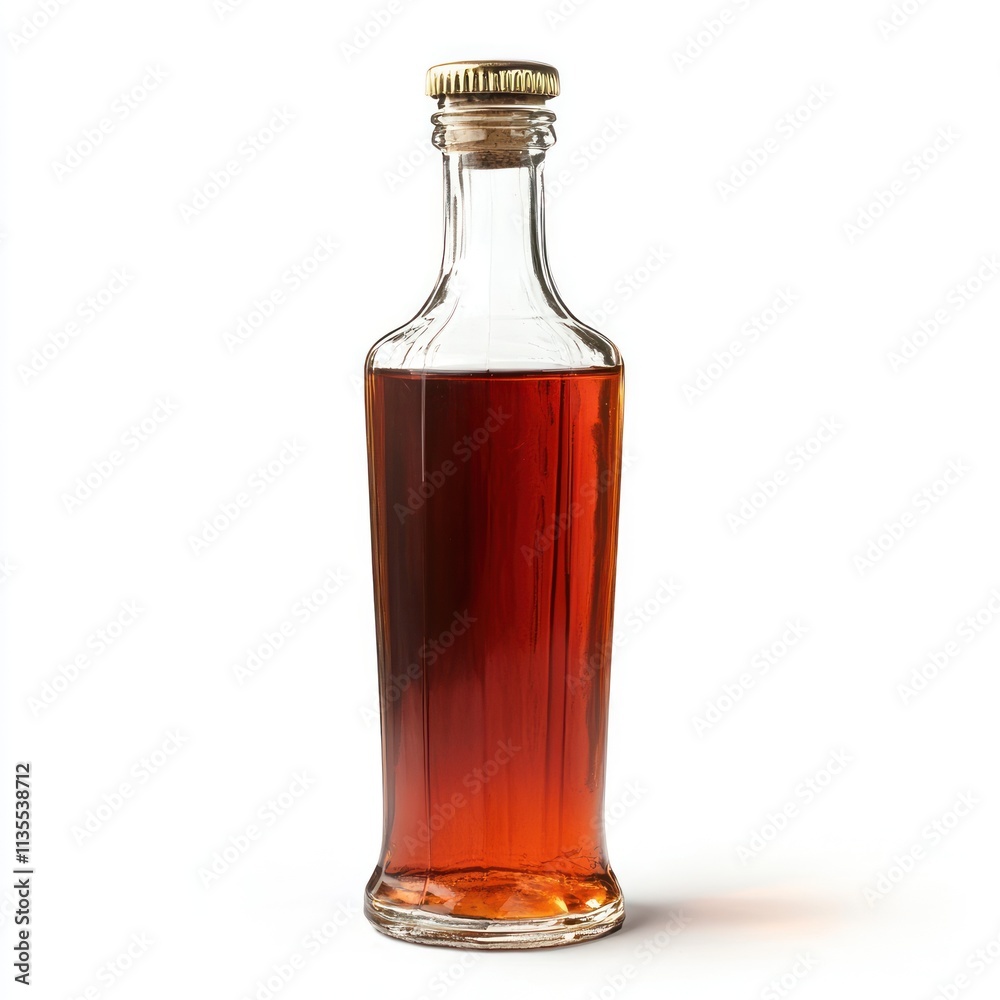 A glass bottle filled with a dark liquid, likely a condiment or beverage. A glass bottle filled with a dark liquid, likely a condiment or beverage.