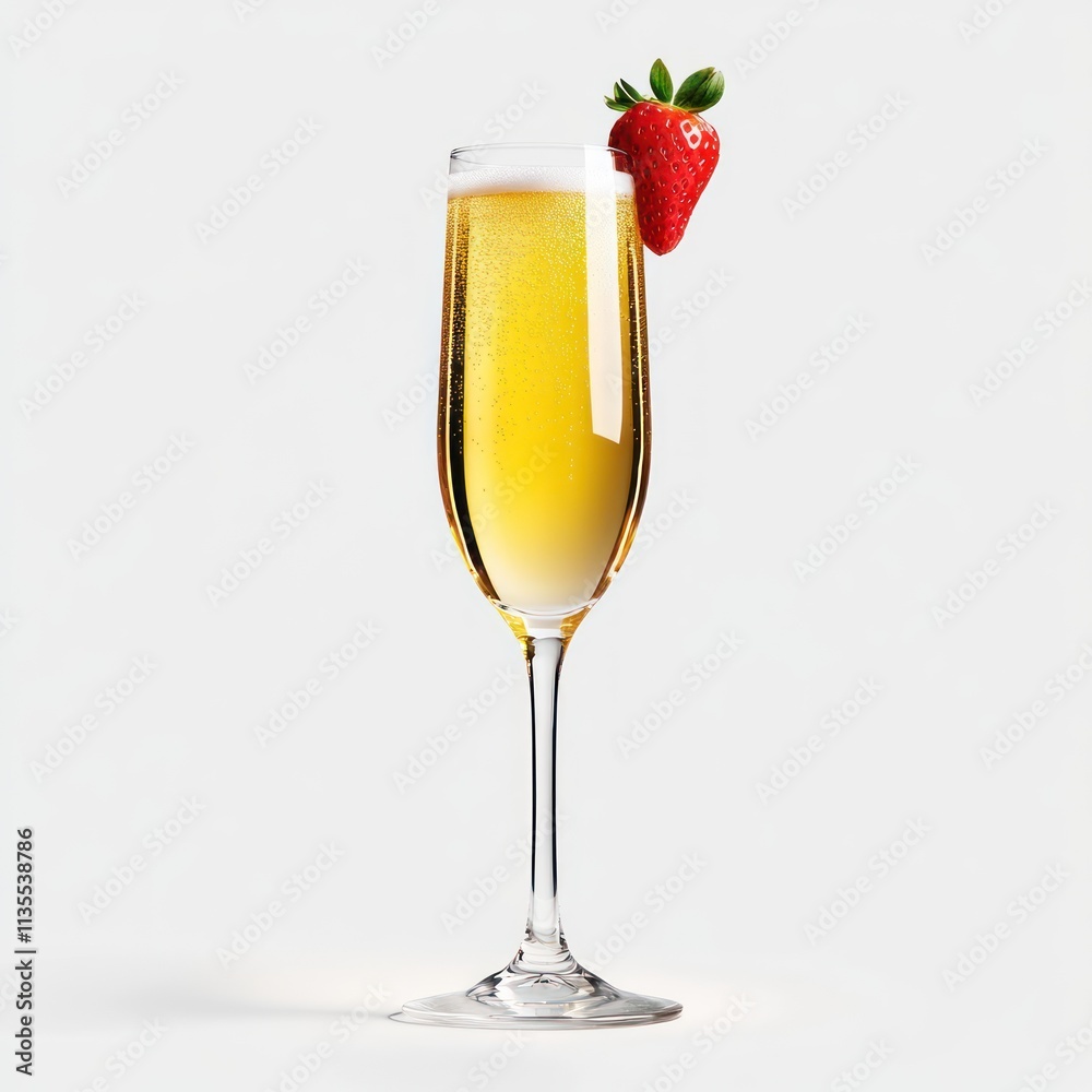 A sparkling drink in a flute glass garnished with a strawberry. A sparkling drink in a flute glass garnished with a strawberry.
