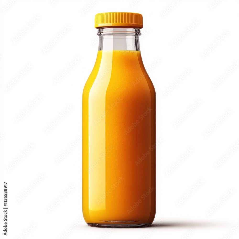 A clear glass bottle filled with vibrant orange juice, showcasing its refreshing color. A clear glass bottle filled with vibrant orange juice, showcasing its refreshing color.
