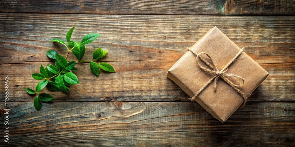 Rustic background with gift box and small leaves , rustic, background, gift, present, small, leaves, natural, organic, wood