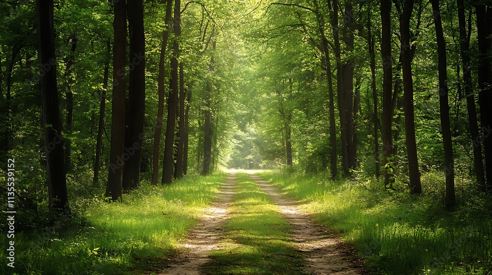 Obraz premium Sunlight Path Through Forest. Concept of Nature, Tranquility, and Serenity.