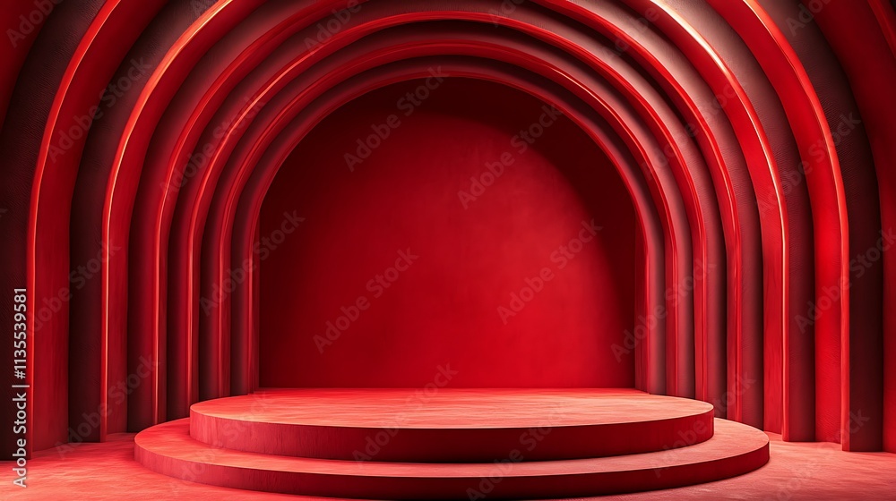 Red arched backdrop with circular platform. Red arched backdrop with circular platform.