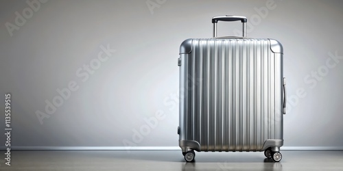 Shiny silver suitcase with a large capacity for travel, big, silver, luggage, suitcase, shiny, metallic, large, travel, handle photo