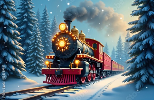 Festive illustration of whimsical train in snowy winter forest. Magical train steam engine heads through snowy forest path during winter wonderland. Nostalgic design evokes holiday cheer. Festive photo