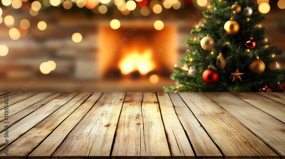 Wood table, Christmas tree and fireplace background, warm lighting, bokeh effect. Wood table, Christmas tree and fireplace background, warm lighting, bokeh effect.