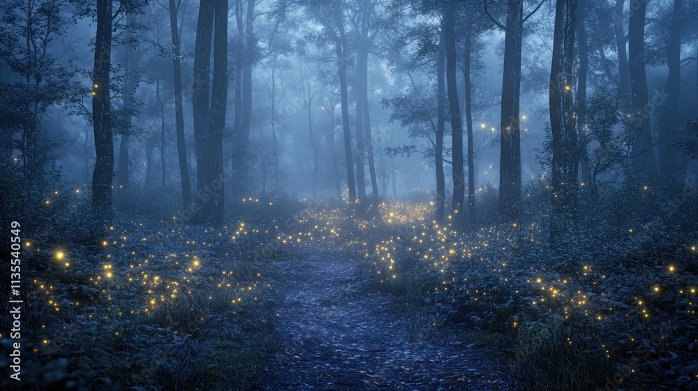 Obraz premium A Mysterious Forest with Fog and Fireflies