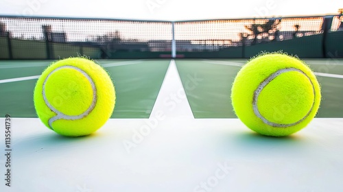 Tennis Court Sportsmanship Two vibrant tennis balls on a court surface.