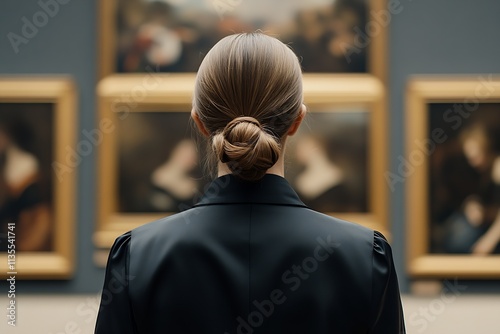 Rear View of Woman Observing Classic Art Paintings in Museum Gallery : Generative AI