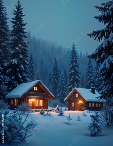 Snowy winter night scene shows two cozy wooden houses nestled in frosty forest. Warm light shines from windows of houses. Trees covered in snow. Quiet peaceful atmosphere. Perfect for holiday cards, photo