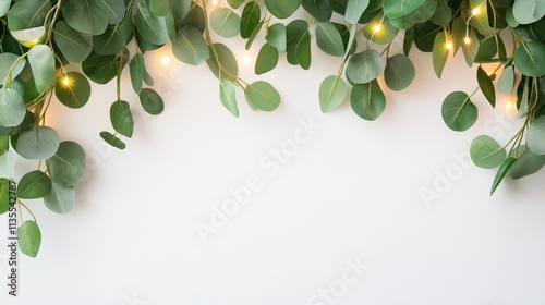 Green foliage with warm lights creating a cozy atmosphere on a white background for decoration and design purposes.