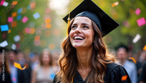 Young woman smiles cheerfully during graduation ceremony. Confetti flies around. Wearing graduation gown, cap. Many people in background. Setting looks like university campus. Exciting moment of photo