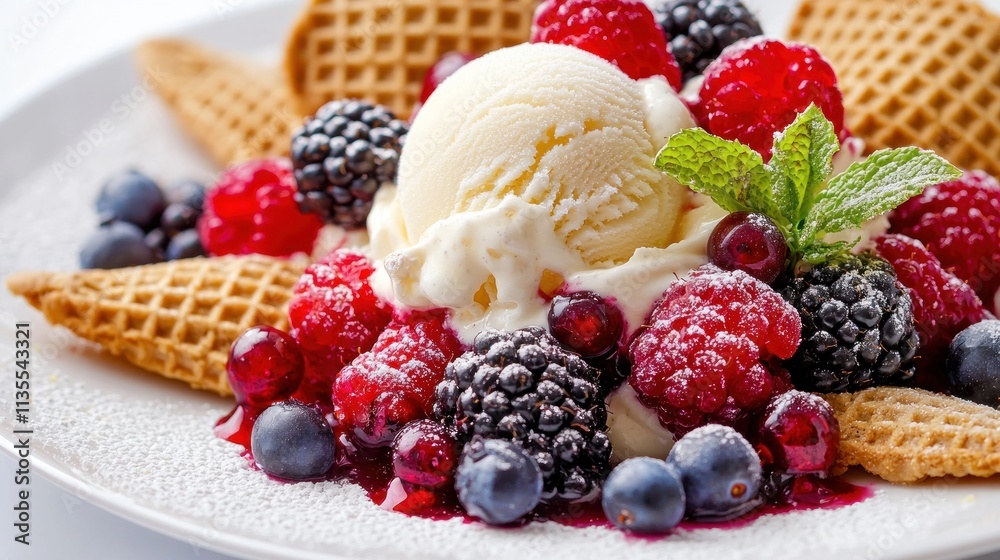 Vanilla Ice Cream with Waffles and Berries Dessert Vanilla Ice Cream with Waffles and Berries Dessert