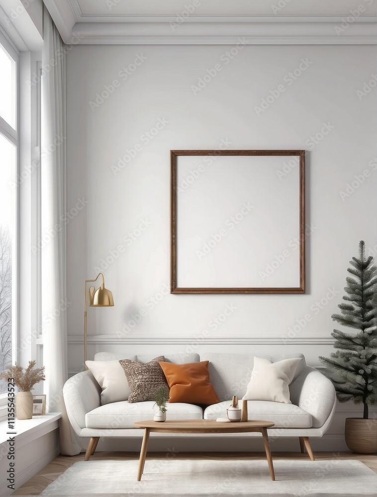 Fototapeta premium blank poster frame in home retro interior background with sofa, table and decor in living room