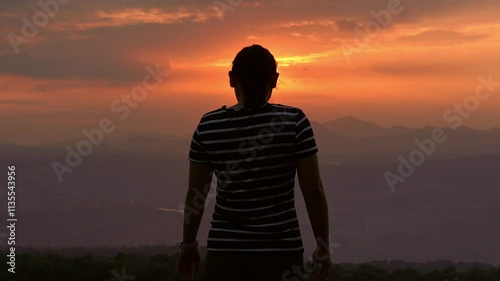 Silhouette of a young woman relaxing in the summer sunset outdoors. A dreamy young woman looking hopeful at the horizon.