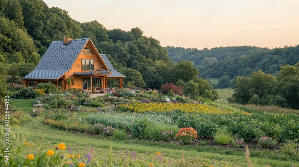 Fototapeta premium A serene countryside home surrounded by vibrant gardens and lush greenery at sunset.