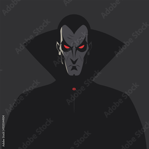 Dark vampire vector illustration with glowing red eyes isolated on dark background. Background and vampire on seperate layers.