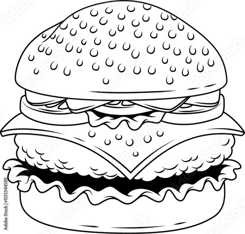 a detailed, layered hamburger with a sesame seed bun, lettuce, cheese, and other toppings, making it visually appealing and relevant for food-related content
