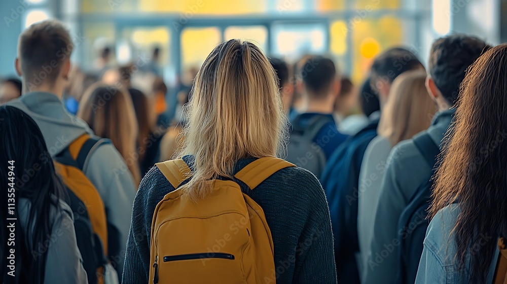 Back View of Diverse Crowd Moving in Busy Public Area with Focal Point on Blonde Woman Wearing Yellow Backpack : Generative AI Back View of Diverse Crowd Moving in Busy Public Area with Focal Point on Blonde Woman Wearing Yellow Backpack : Generative AI