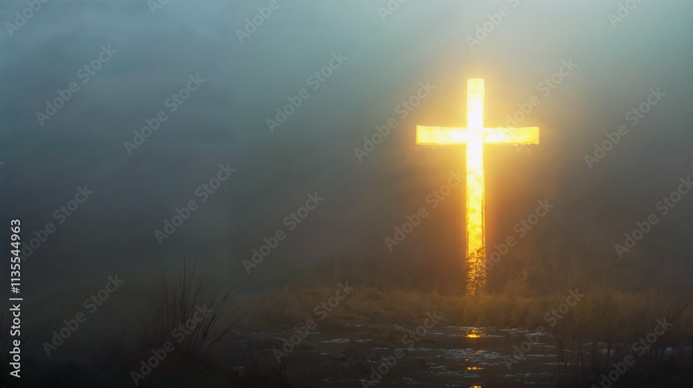 Glowing Christian cross glowing through peaceful fog, symbolizing divine grace, hope, and Catholic spirituality for website header or banner Glowing Christian cross glowing through peaceful fog, symbolizing divine grace, hope, and Catholic spirituality for website header or banner