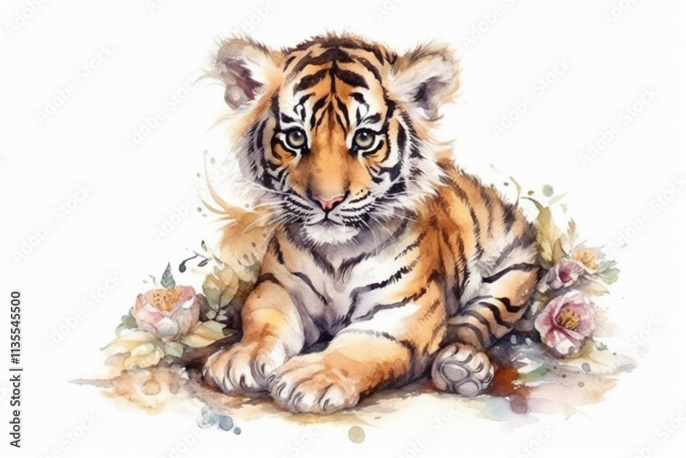 tiger cub drawing on a white background, cartoon style,.