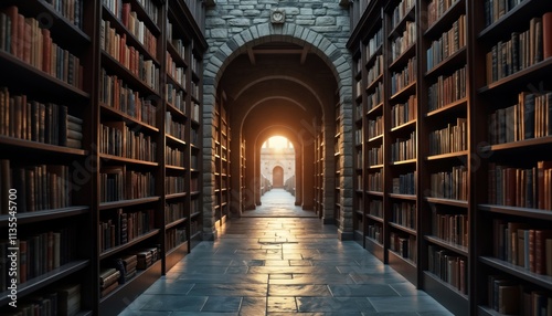 Dimly lit library hallway with tall wooden bookshelves lining walls. Sunlight streams through arched doorway at end of hallway. Plenty of old books neatly organized on shelves. Historic ambiance