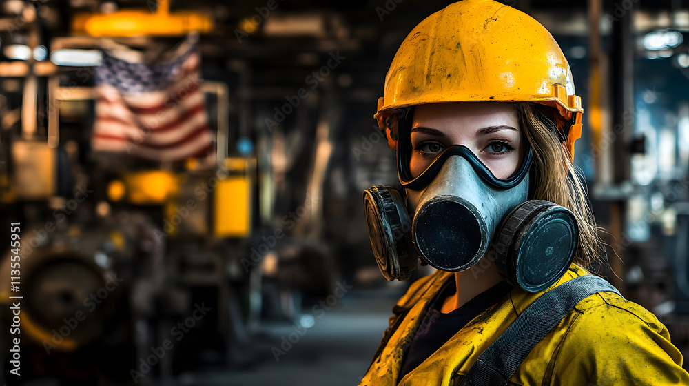 A woman adorned in a vibrant yellow helmet and protective gas mask stands confidently in a hazardous work environment. Her sturdy attire hints at the dangerous nature of her surroundings. A woman adorned in a vibrant yellow helmet and protective gas mask stands confidently in a hazardous work environment. Her sturdy attire hints at the dangerous nature of her surroundings.