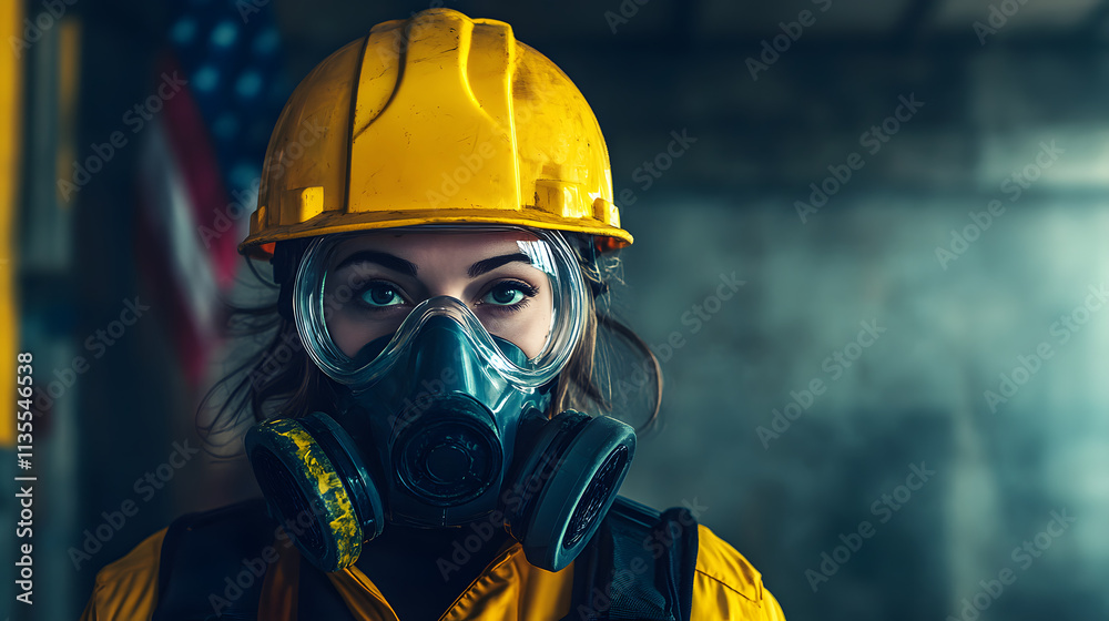 Obraz premium A woman adorned in a vibrant yellow helmet and protective gas mask stands confidently in a hazardous work environment. Her sturdy attire hints at the dangerous nature of her surroundings.