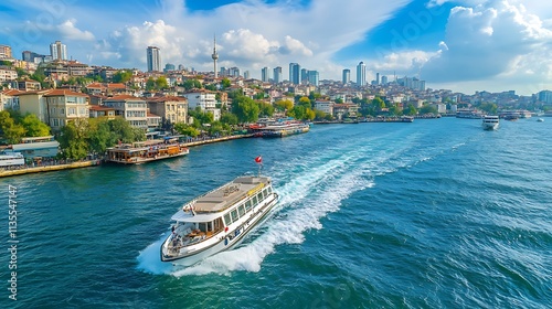 Istanbul Ferry on the Bosphorus. Scenic cityscape view.