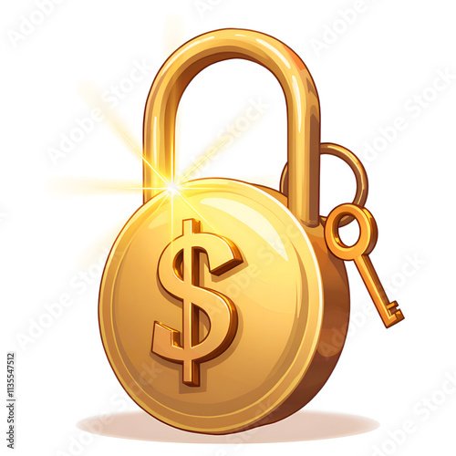 A shining golden dollar sign lock with key representing financial security and protection, digital illustration of security concept. photo