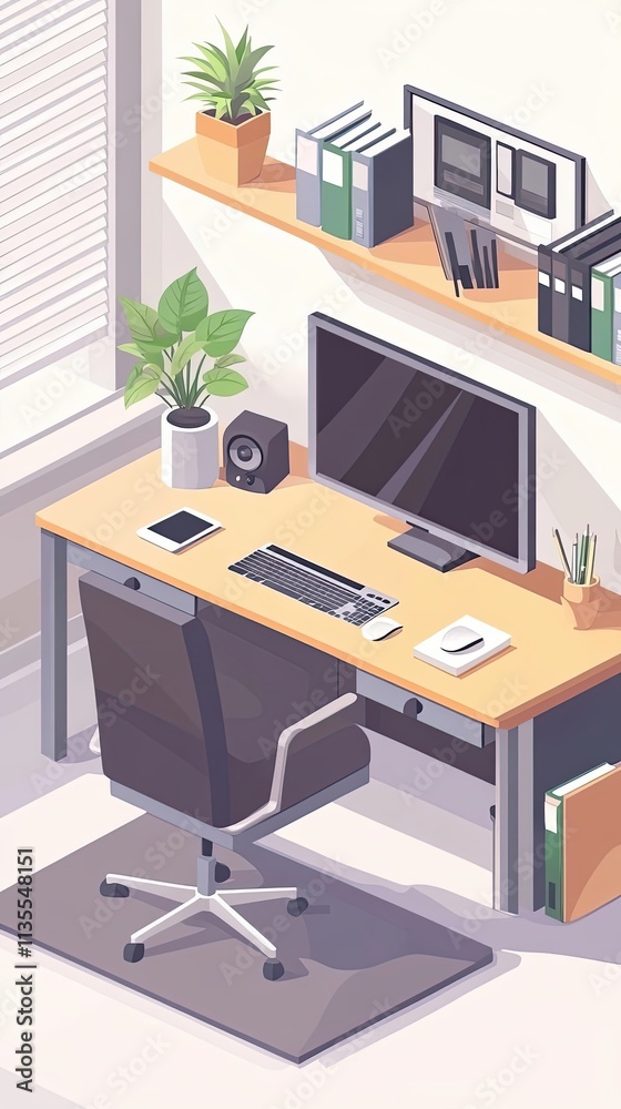 Modern Home Office Workspace with Computer and Plants Modern Home Office Workspace with Computer and Plants
