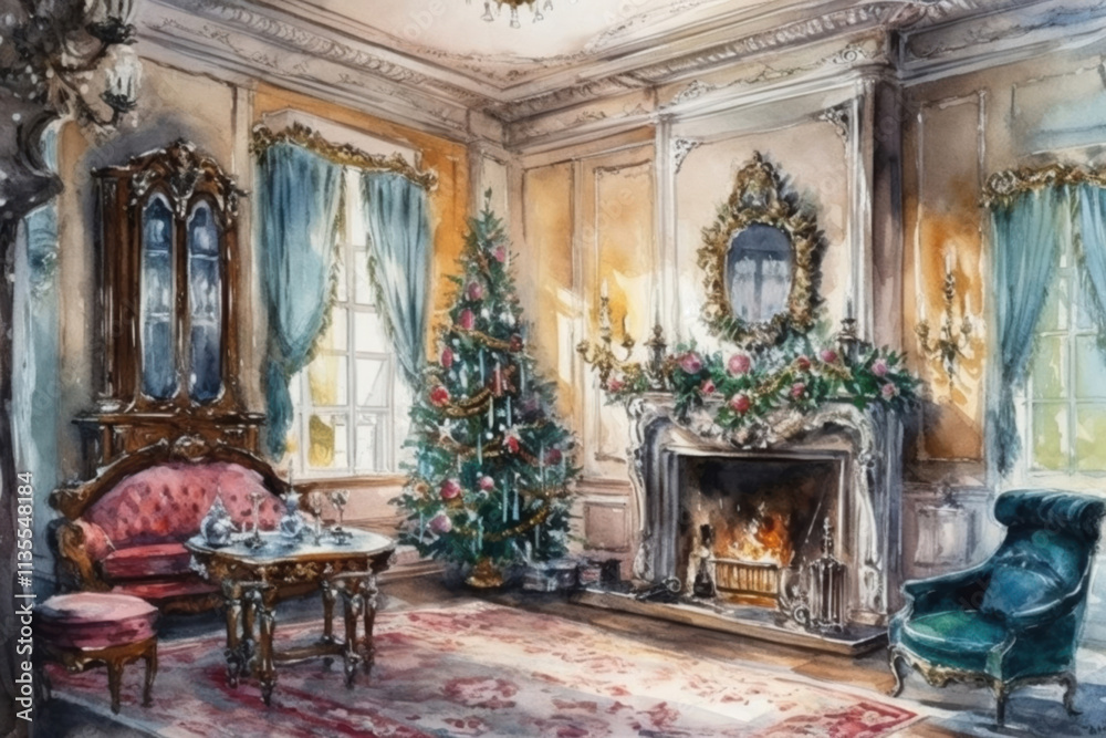 living room, ballroom with Christmas tree., watercolor style, living room, ballroom with Christmas tree., watercolor style,