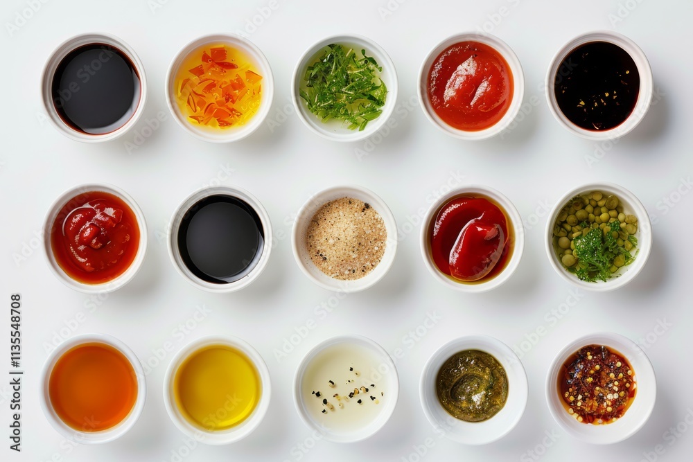 Various Sauces and Condiments Arranged Neatly in Bowls on a White Surface for Culinary Inspiration and Recipe Ideas Various Sauces and Condiments Arranged Neatly in Bowls on a White Surface for Culinary Inspiration and Recipe Ideas