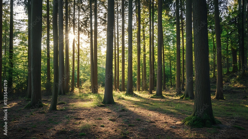 Obraz premium Sunlight filtering through a dense forest. Concept of nature, tranquility, and serenity.