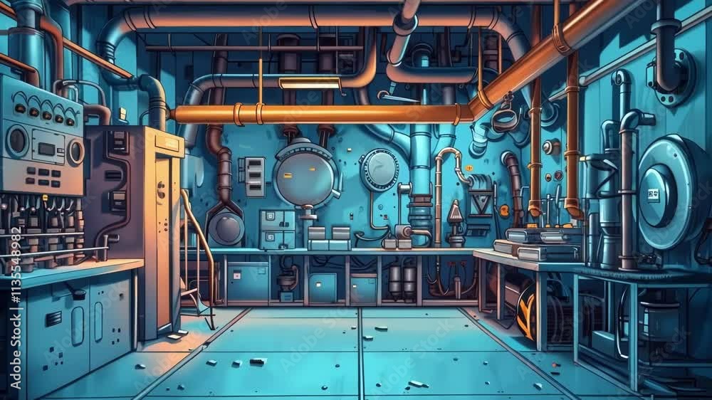 Empty industrial interior features pipes and machinery with lighting gradually shifting, creating a dynamic atmosphere in a factory setting. The scene highlights metal and engineering elements