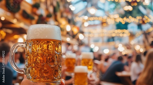 A festive Oktoberfest celebration scene with beer steins and Bavarian folk dancers in a bustling beer hall backdrop, close-up shot, Festive style photo