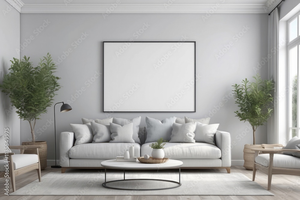 Coastal style living room interior, room in Dove Gray colors, blank white poster frame Coastal style living room interior, room in Dove Gray colors, blank white poster frame