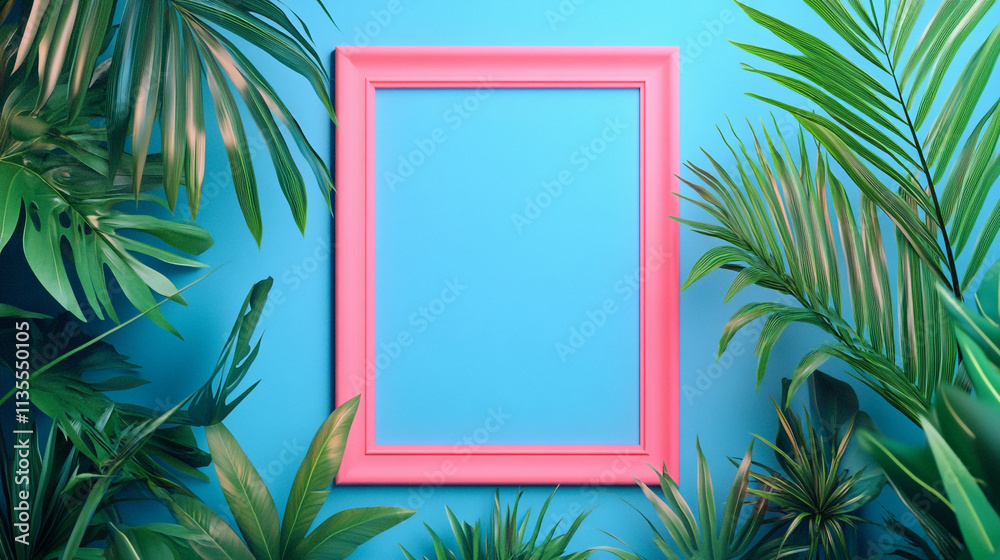 Colorful empty frame surrounded by lush green plants against a blue background Colorful empty frame surrounded by lush green plants against a blue background