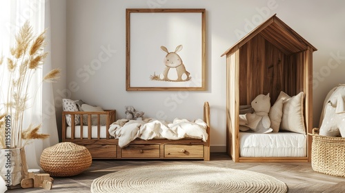 Cozy Rustic Nursery Room Design: Wooden Beds, Bunny Decor, and Natural Textures