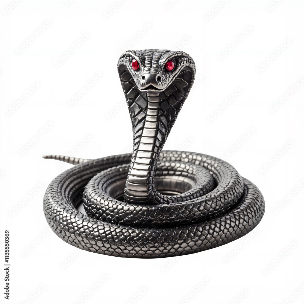 Cobra snake statue with ruby red gemstone eyes made from oxidized silver metal - isolated on white background Cobra snake statue with ruby red gemstone eyes made from oxidized silver metal - isolated on white background