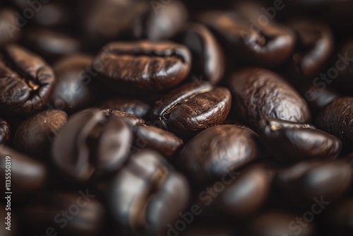 Close-Up View of Dark Roasted Coffee Beans, Perfectly Showcasing Their Rich Color, Texture, and Unique Features for Coffee Enthusiasts and Culinary Uses photo