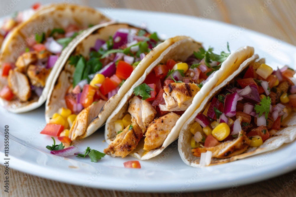 Colorful Chicken Tacos Arranged Neatly on a White Plate with Fresh Vegetables and Herbs for a Delicious and Appetizing Presentation Colorful Chicken Tacos Arranged Neatly on a White Plate with Fresh Vegetables and Herbs for a Delicious and Appetizing Presentation