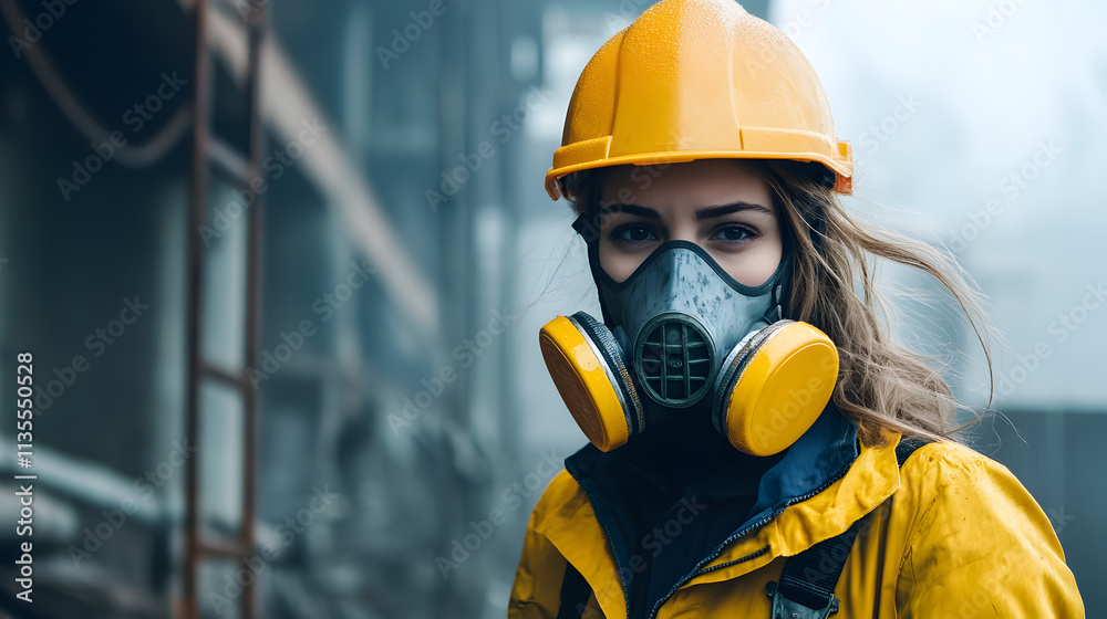 A woman adorned in a vibrant yellow helmet and protective gas mask stands confidently in a hazardous work environment. Her sturdy attire hints at the dangerous nature of her surroundings. 
